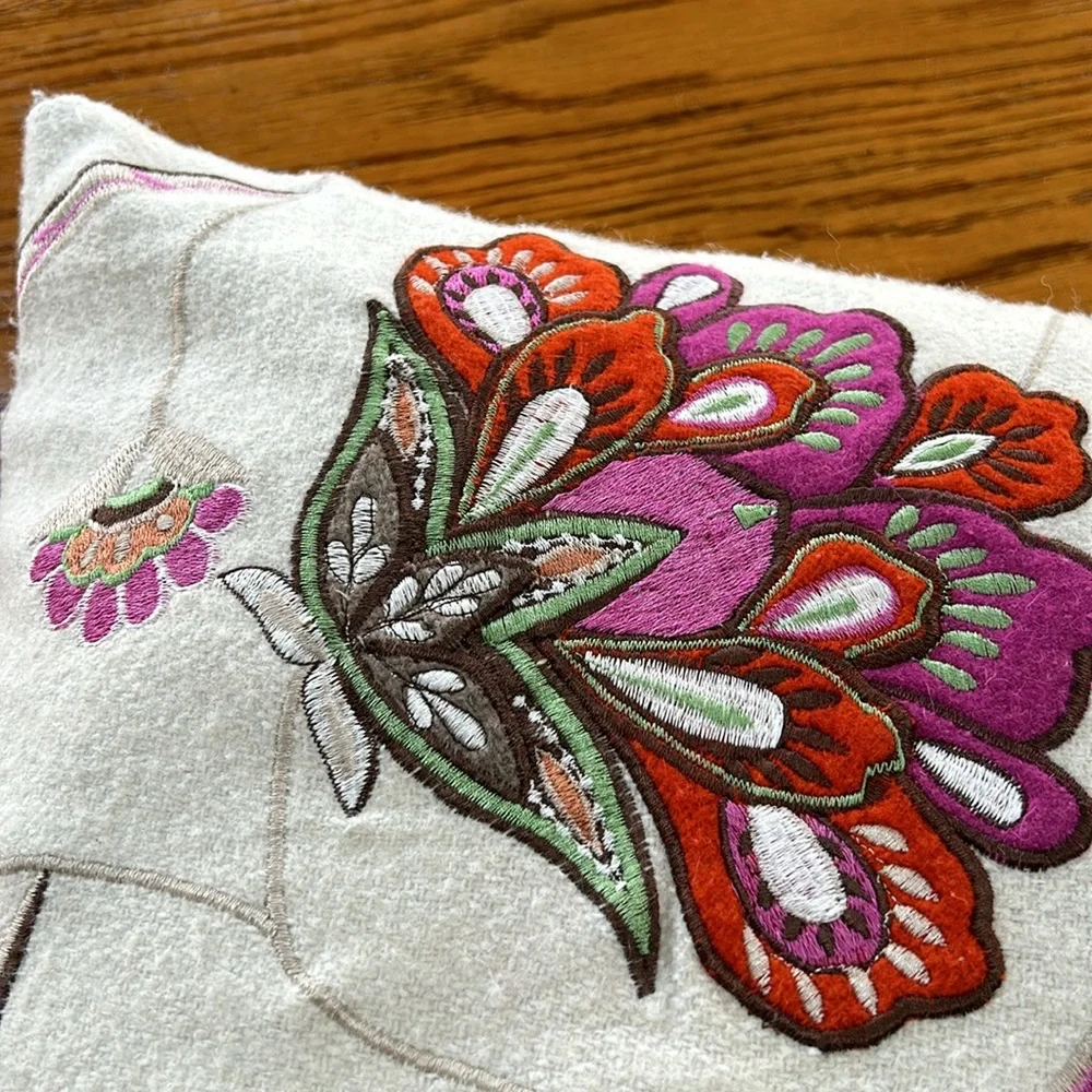 India embroidered 18” square feather pillow.  Excellent used condition.